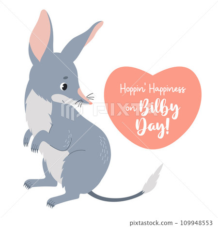 Postcard bilby day. Cute Australian animal bilby with heart and holiday greeting. Vector illustration in flat cartoon style. 109948553