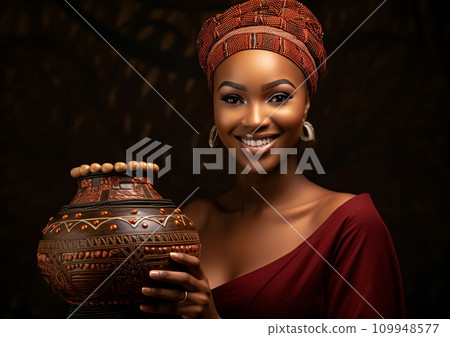 Beautiful African Woman Holding a Vase with Smile, AI Generated 109948577