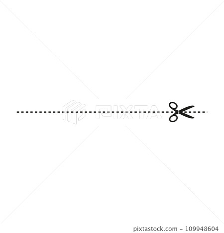 Cut line icon with scissor, cut here guidance, scissors and dash. Coupon mark and symbol for cropping, signifying voucher. Flat vector illustrations isolated in background. 109948604