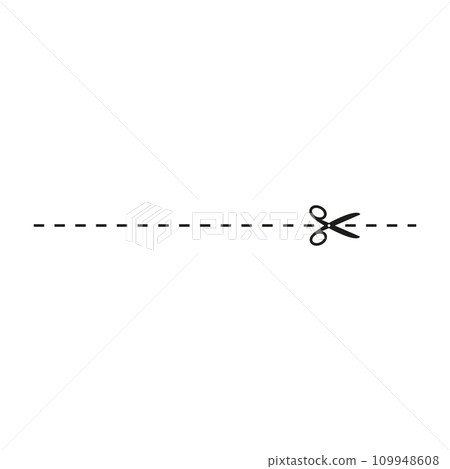 Cut line icon with scissor, cut here guidance, scissors and dash. Coupon mark and symbol for cropping, signifying voucher. Flat vector illustrations isolated in background. 109948608