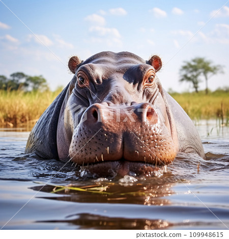Hippopotamus in the Water, African Swamp Animal, AI Generated 109948615