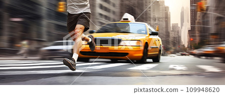 Man Running on Busy Street with Yellow Cabs AI Generated 109948620