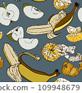 Seamless pattern with fruits on a white background. Apple, tangerine, banana in the style of linear art, doodles. Lines and abstract spots. 109948679