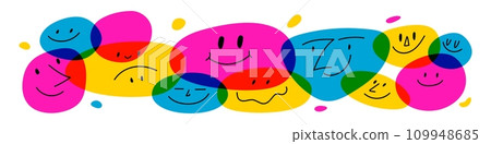 Happy face icon with smile, cheerful emojis and avatars stickers. Abstract cartoon character doodles in cute, retro style. Flat vector illustration isolated on white background. 109948685