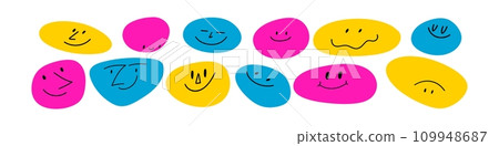 Happy face icon with smile, cheerful emojis and avatars stickers. Abstract cartoon character doodles in cute, retro style. Flat vector illustration isolated on white background. 109948687