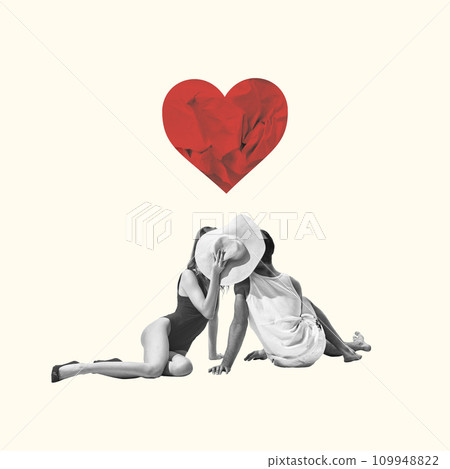 Summer romance. Man and woman cissing behind straw hat over heart symbol. Contemporary art collage. Valentine's Day Summer romance. Man and woman cissing behind straw hat over heart symbol. Contemporary art collage. Valentine's Day 109948822
