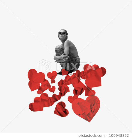 Young girl in stylish clothes sitting on hearts. Contemporary art collage. Minimalism. Valentine's Day 109948832