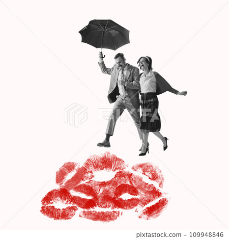 Romantic date. happy man and woman, couple running under umbrella on kisses. Contemporary art collage. Valentine's Day 109948846