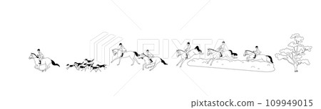 Black and white vector illustration of a fox hunt 109949015