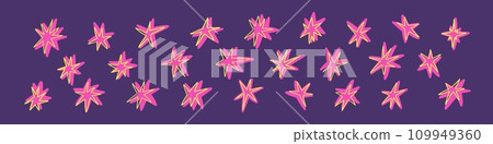 Shape elements, abstract. Graphic pink stars among scribble doodles, color collage. Flat vector illustrations isolated on white background 109949360