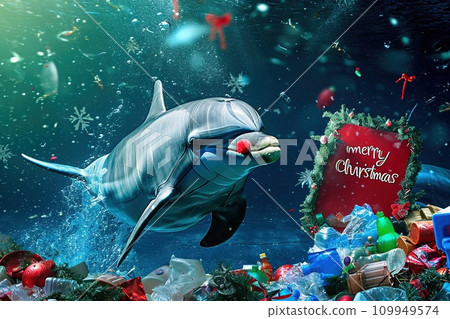 dolphin with a merry christmas sign in a sea ocean full of plastic garbage debris waste illustration dolphin with a merry christmas sign in a sea ocean full of plastic garbage debris waste illustration 109949574