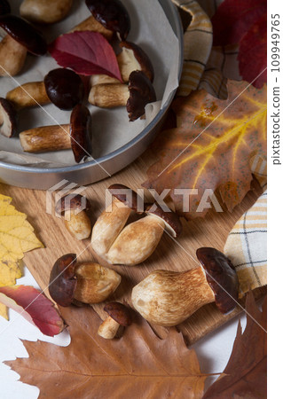 Several Imleria Badia or Boletus badius mushrooms commonly known as the bay bolete, vintage baking sheet with mushrooms on wooden cutting board.. Several Imleria Badia or Boletus badius mushrooms commonly known as the bay bolete, vintage baking sheet with mushrooms on wooden cutting board.. 109949765