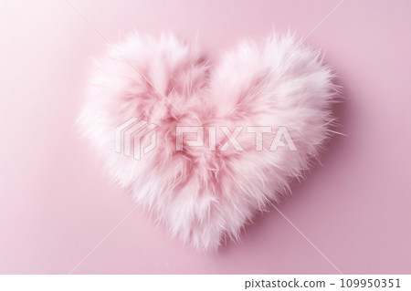 Cozy fluffy pink fur heart shape with a soft texture on light minimal background. Generative AI 109950351