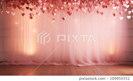 A warm and inviting scene featuring a cascade of heart shaped balloons against a sheer peach toned curtain backdrop. Generative AI 109950352
