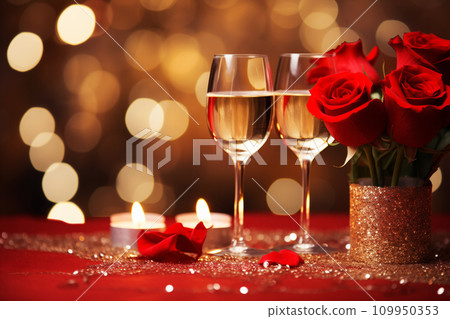Two glasses of sparkling wine lit candles and red roses on shining bokeh background. Valentine day anniversary birthday event celebration. Generative AI 109950353
