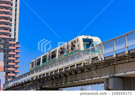Monorail running through Eucalyptus Hill, Sakura City, Chiba Prefecture 109950373