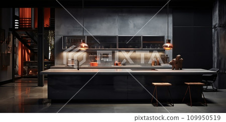 An industrial style modern kitchen with grey walls and stone counter tops, AI Generated 109950519