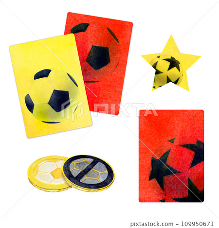 Soccer football red yellow card coins watercolor drawing. Warning penalty cards with pentagon star ball picture isolated on white background. Sport trainee judge gear for stadium tournament aquarelle Soccer football red yellow card coins watercolor drawing. Warning penalty cards with pentagon star ball picture isolated on white background. Sport trainee judge gear for stadium tournament aquarelle 109950671
