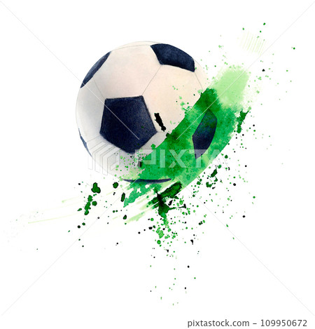 Soccer football ball and green spot watercolor drawing. Drops blot and pentagon picture isolated on white background. Sport gear for training and stadium tournament. Leather equipment aquarelle paint 109950672