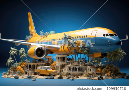 Yellow and blue passenger plane is flying over the city. The concept of summer holidays and travel Yellow and blue passenger plane is flying over the city. The concept of summer holidays and travel 109950718