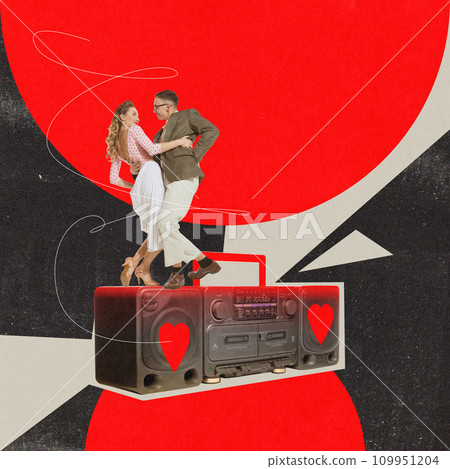 Beautiful young woman and man dancing on retro music player over bright background. Contemporary art collage. Happy Valentine's day Beautiful young woman and man dancing on retro music player over bright background. Contemporary art collage. Happy Valentine's day 109951204