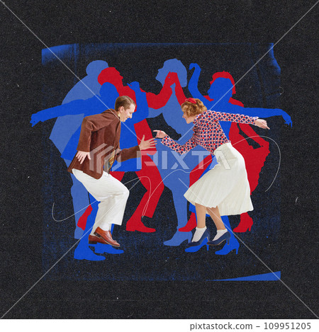 Happy young man and woman dancing over dark background with multicolored silhouette of people. Contemporary art collage. Happy young man and woman dancing over dark background with multicolored silhouette of people. Contemporary art collage. 109951205