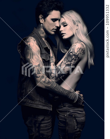 Tattooed Couple pose for a trendy lifestyle poster, AI Generated 109951332