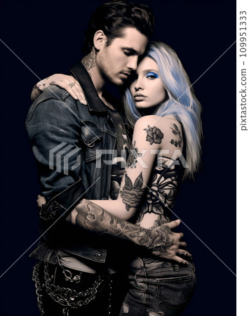 Tattooed Couple pose for a trendy lifestyle poster, AI Generated 109951333