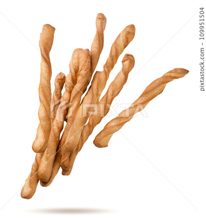 Grissini sticks flying on a white background. Isolated 109951504
