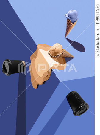 Coffee cups to go and melting ice cream in waffle cone over blue background. Creative collage. Minimal art 109951556