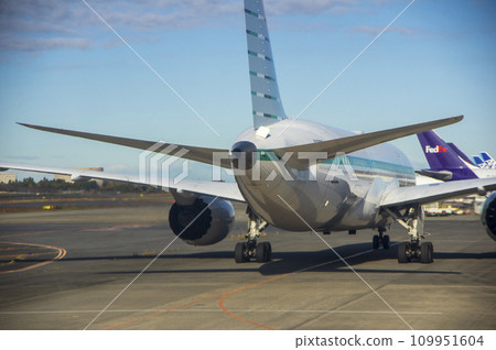 Passenger plane Boeing 787 seen from the back 109951604