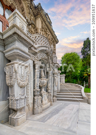 Staircase of Ihlamur Pavilion, with white marble engravings beside, located in Nisantasi, Istanbul, Turkey Staircase of Ihlamur Pavilion, with white marble engravings beside, located in Nisantasi, Istanbul, Turkey 109951637