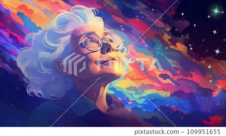 手绘动漫唯美星空下看星星的老奶奶插画 109951655