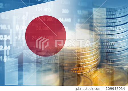 Japan flag with stock market finance, economy trend graph digital technology. Japan flag with stock market finance, economy trend graph digital technology. 109952034