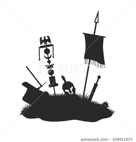 Roman battlefield landscape. Isolated silhouette of warrior tumulus. Soldier mound with sword, helmet and flags. Dead legionary. Empire battle scene 109952057