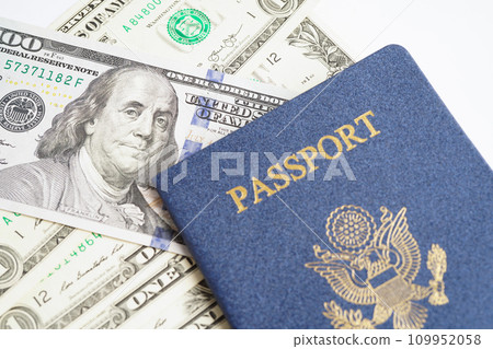 US passport with USA dollar money, American citizen in United States of America. 109952058