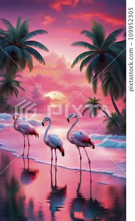 Pink flamingoes on the shore of the blue ocean, palm trees, blue sky, sun. Paradise landscape 109952305