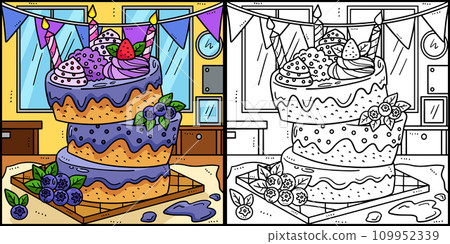 Birthday Cake Coloring Page Colored Illustration Birthday Cake Coloring Page Colored Illustration 109952339