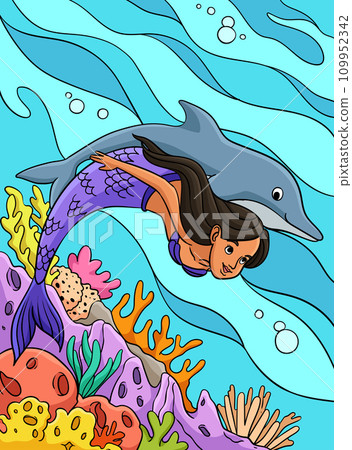 Mermaid and Dolphin Colored Cartoon Illustration Mermaid and Dolphin Colored Cartoon Illustration 109952342