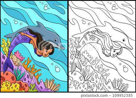 Mermaid and Dolphin Coloring Page Illustration Mermaid and Dolphin Coloring Page Illustration 109952385