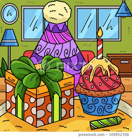 Birthday Cupcake, Party Hat, and Gift Colored  109952398