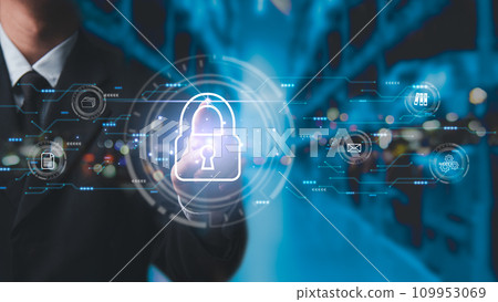 Cyber Security system Protects Data Information Safe Storage Networks. businessman hand touching key icon Internet Secure Data Management privacy. 109953069