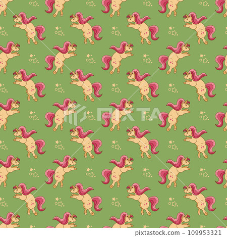 Seamless pattern with unicorn character. A cute unicorn stands on its hind legs. Cartoon doodle illustration. 109953321