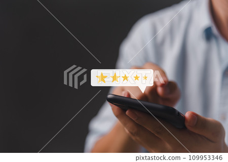 Happy Customers Rating and Review Evaluation Feedback Analysis in Customer Satisfaction Survey Results Five Stars Rating online application. Happy Customers Rating and Review Evaluation Feedback Analysis in Customer Satisfaction Survey Results Five Stars Rating online application. 109953346