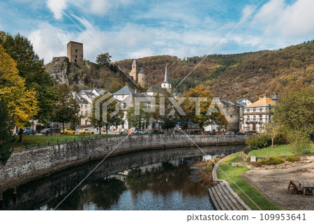 Ruins of medieval Esch-sur-Sure castle in Sauer River valley Ruins of medieval Esch-sur-Sure castle in Sauer River valley 109953641