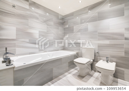 Bright room with bath toilet and bidet in apartment Bright room with bath toilet and bidet in apartment 109953654