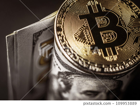 Bitcoin on paper usd banknote Bitcoin on paper usd banknote 109953889