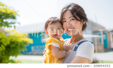 Smiling nursery teacher holding a child outside 109954353