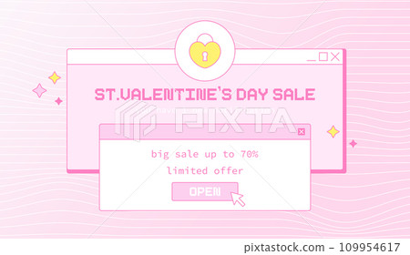 90's Y2K Aesthetic Valentine's Day Sale Banner: Cute Pink Retro Computer Notification Design with Heart Lock Icon. 109954617