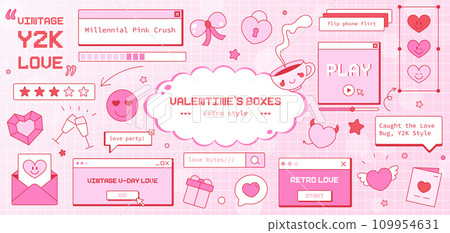 Set of Valentine's Day Love Elements in Y2K Window, Notification, Dialogue Box, Heart, Button, Cursor, Rating, Loading and Volume bars. Interface in Groovy Vaporwave 90s Aesthetics. Vector Cute Romant 109954631